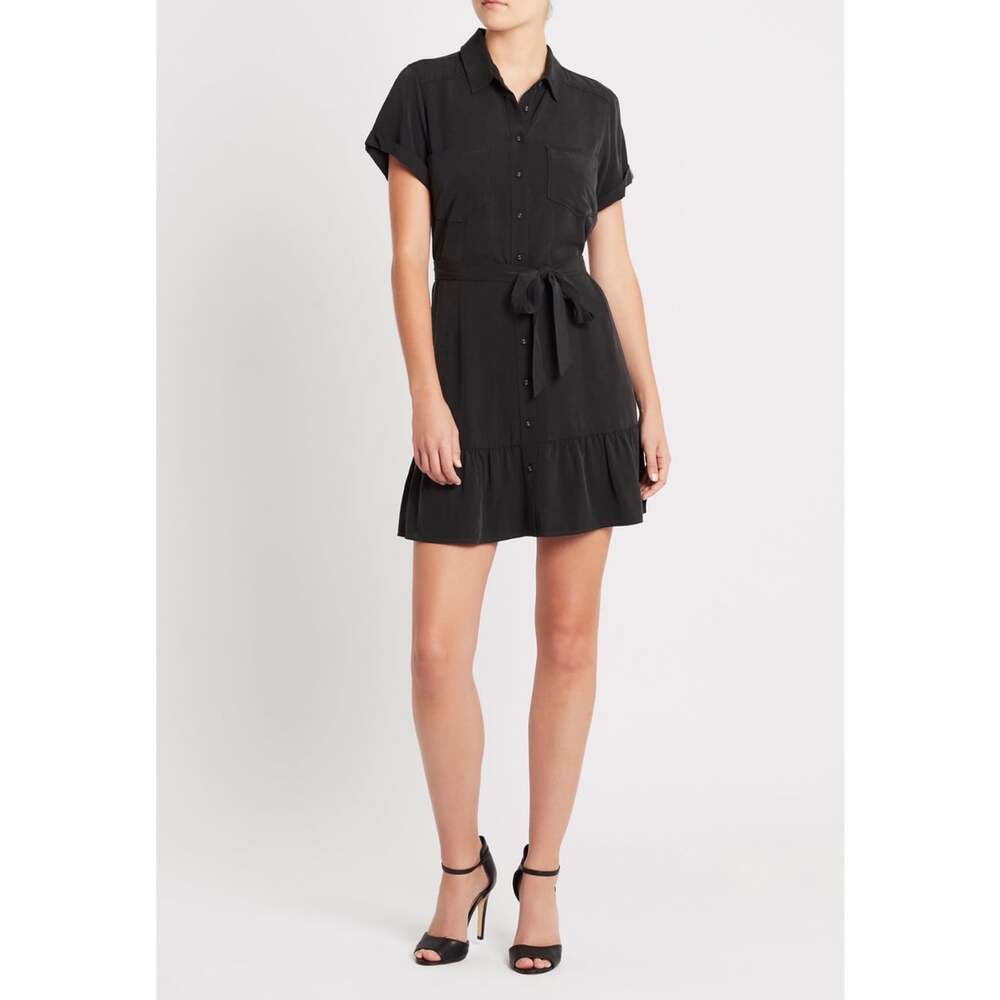 Banana Republic Black Tencel Shirt Dress Womens 4 Belted Ruffle Hem Mini